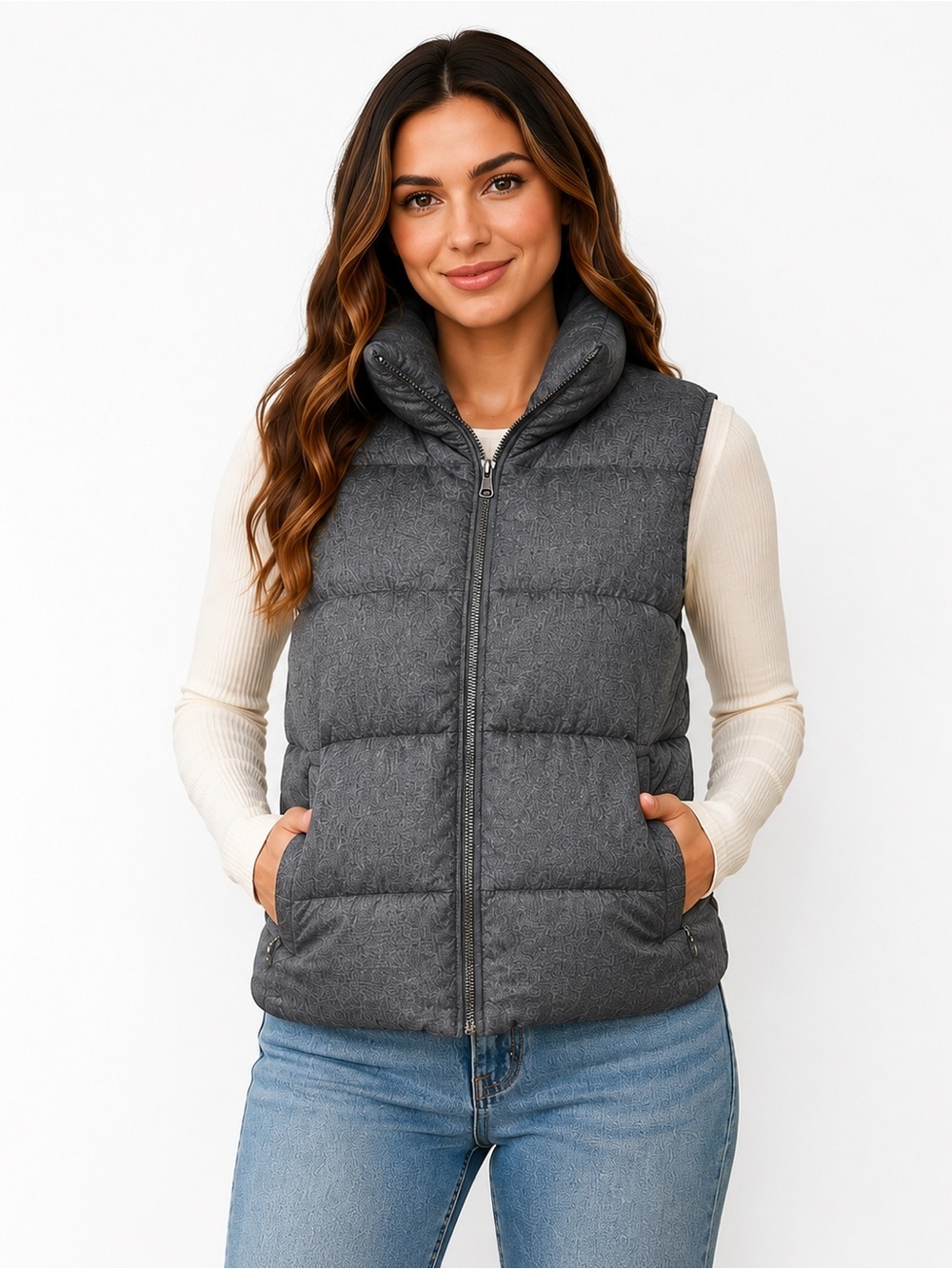 Old Navy Gray Quilted Puffer Vest High Neck Zip Front Sleeveless XL